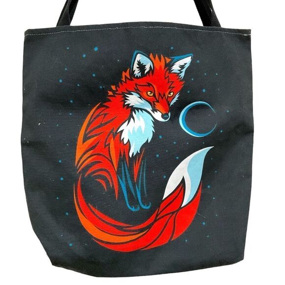 Red Fox on Black Polyester Canvas Tote Bag 18”x18” - Picture 2 of 7